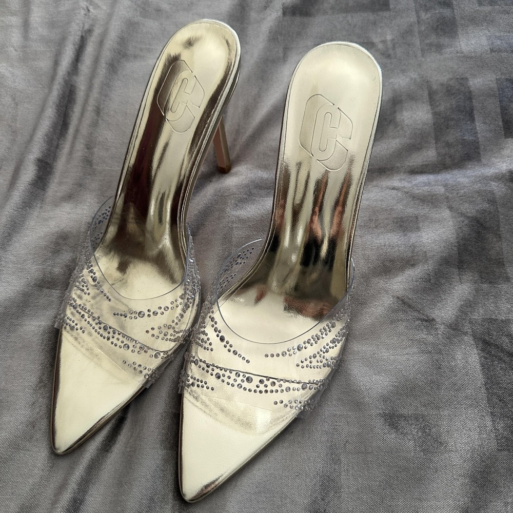 Gold Clear‎ Strap Mule Shoes Womens Size 10 Rhinestone Pointed Toe Stiletto Heel